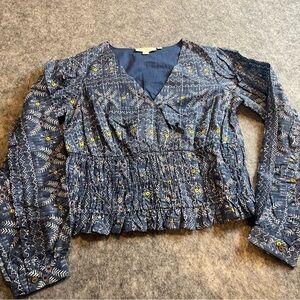Free People Navy and Yellow Patterned Blouse